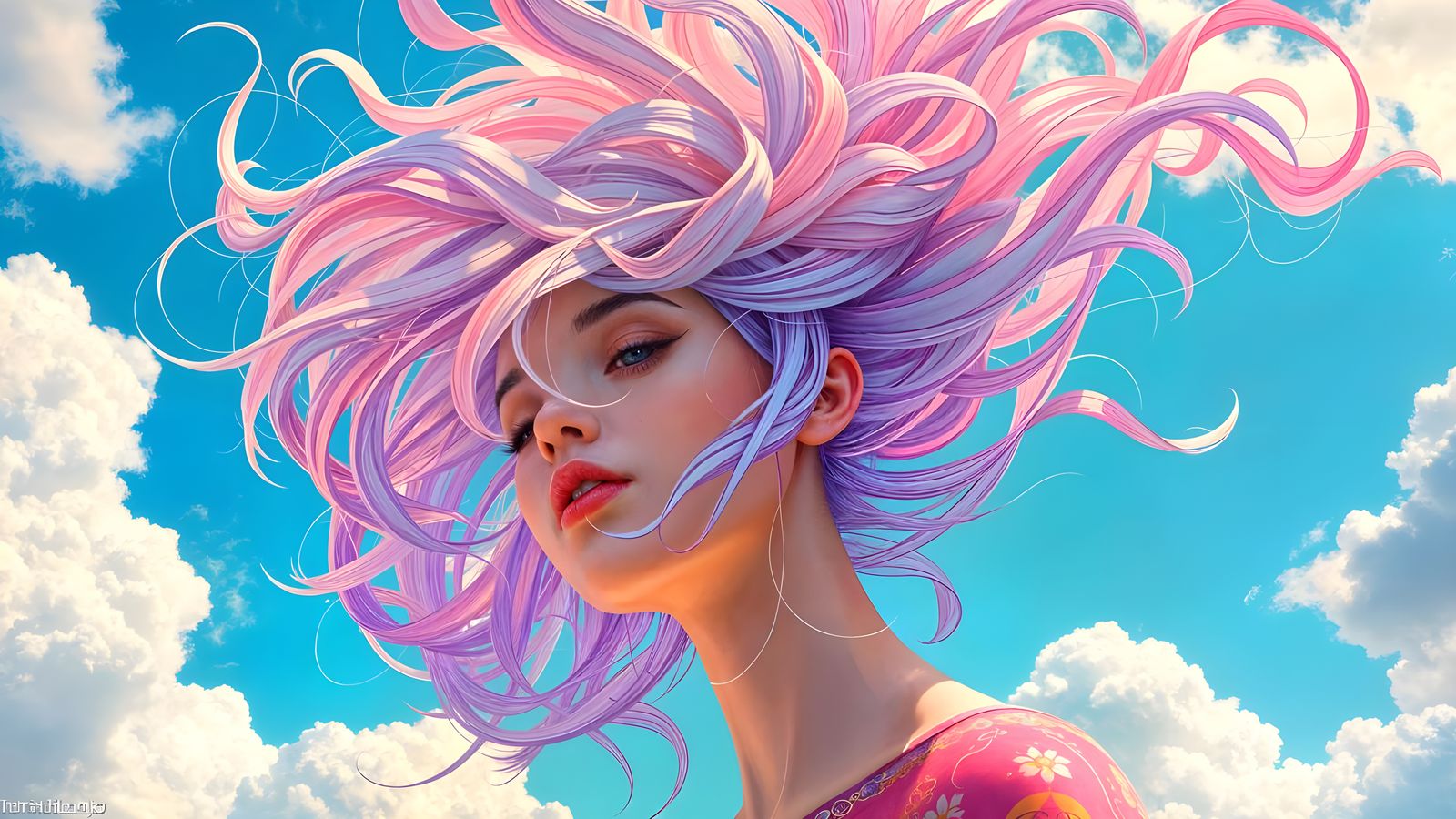 Girl in Vibrant Hair, Whimsical Folk Art Fusion