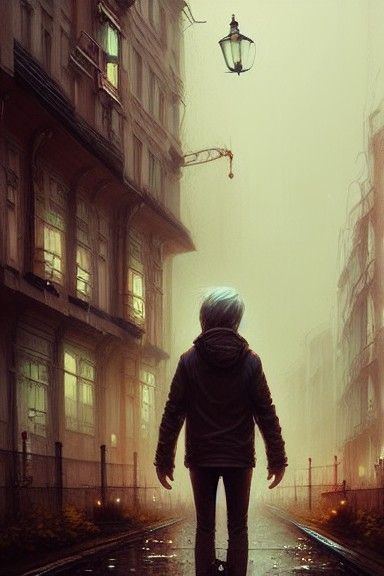 Lost Boy in Rainy City: Digital Art