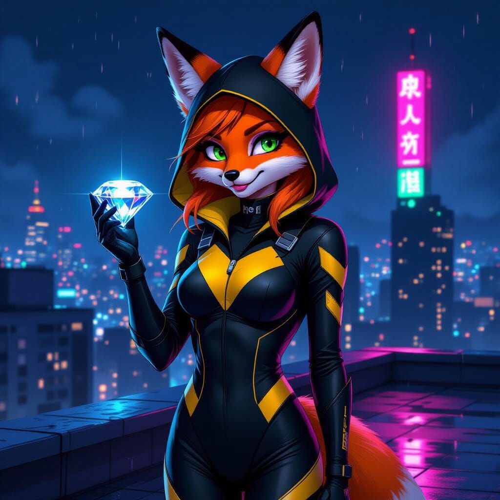 Neon Cityscape: Humanoid Fox in Cyberpunk Style