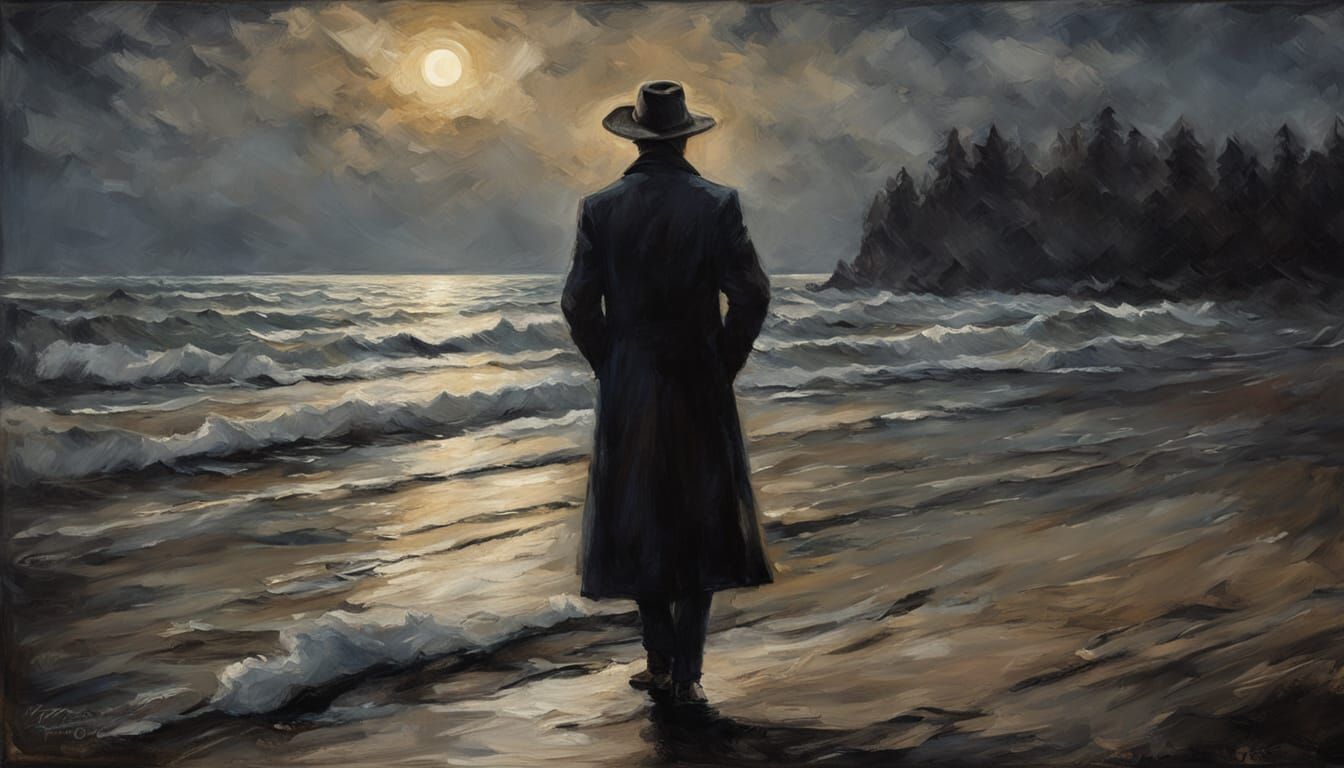 Person in Long Coat on Beach at Night, Romantic Era Style