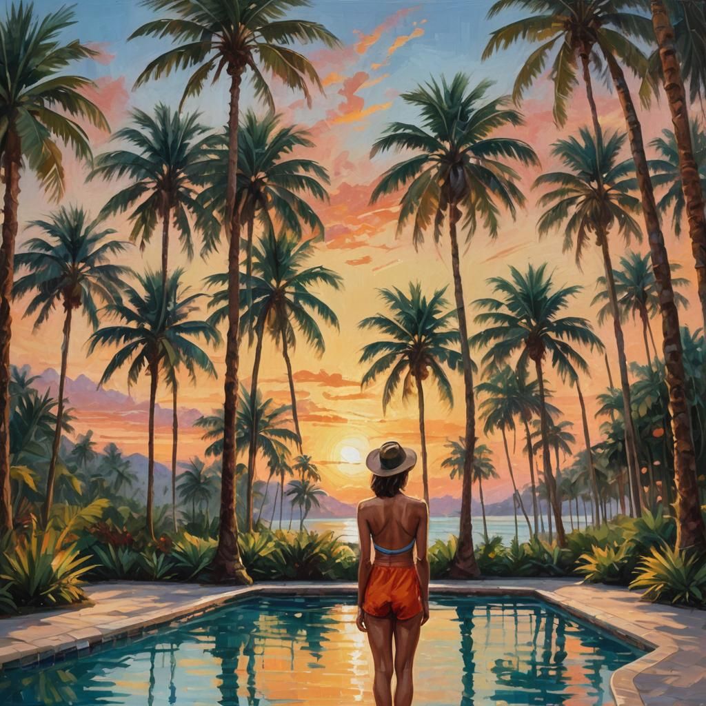 Tropical Paradise: Woman by Pool in Oil Painting Style