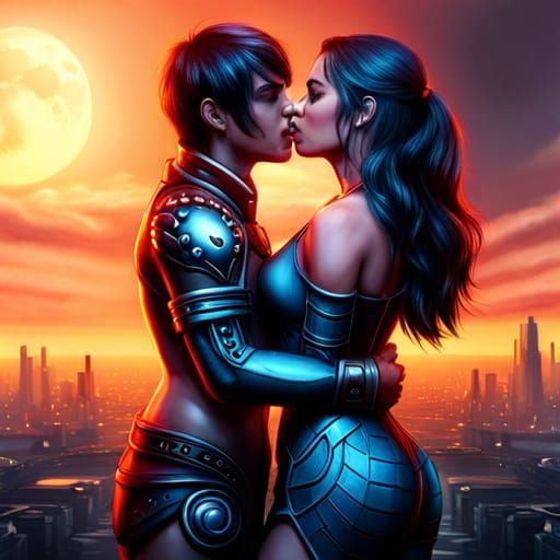 Two Women Kissing: Detailed Fantasy Concept Art