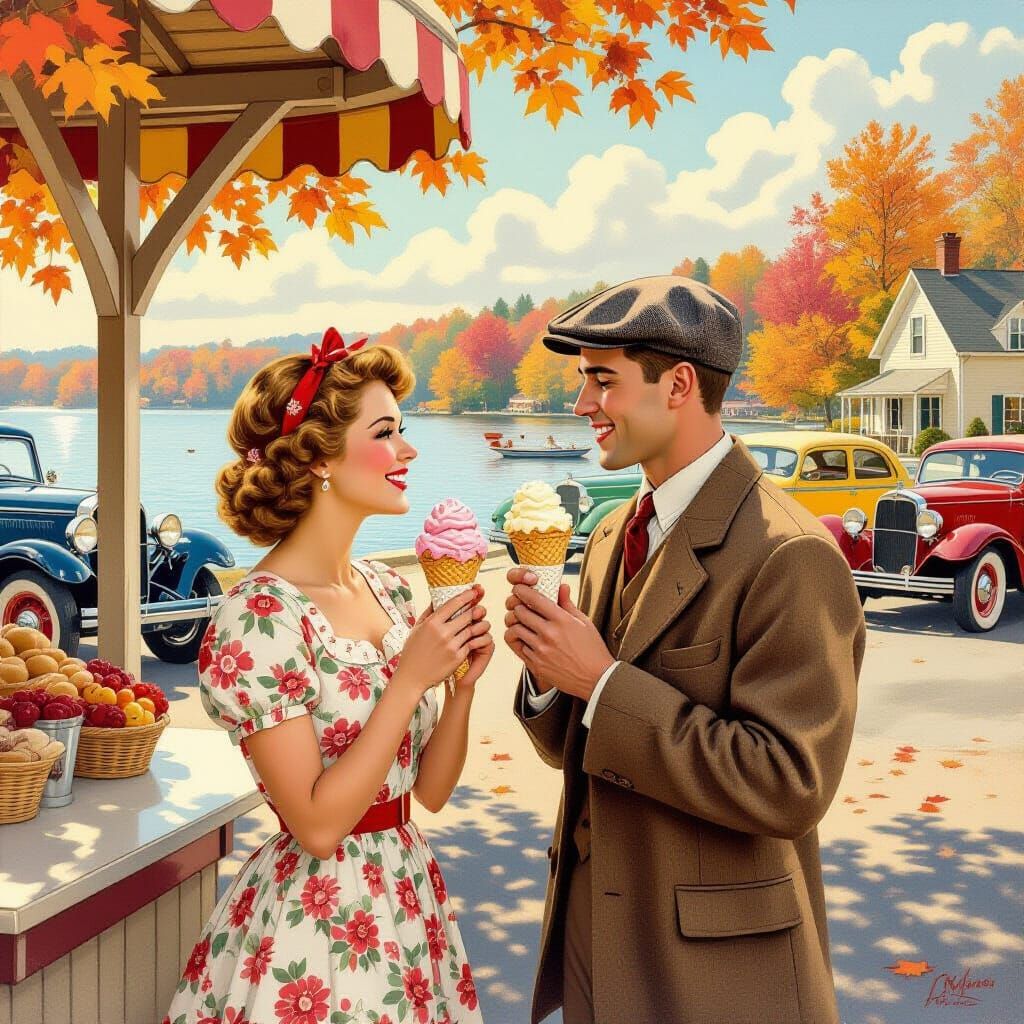 Nostalgic Lakeside Ice Cream in Rockwell Style