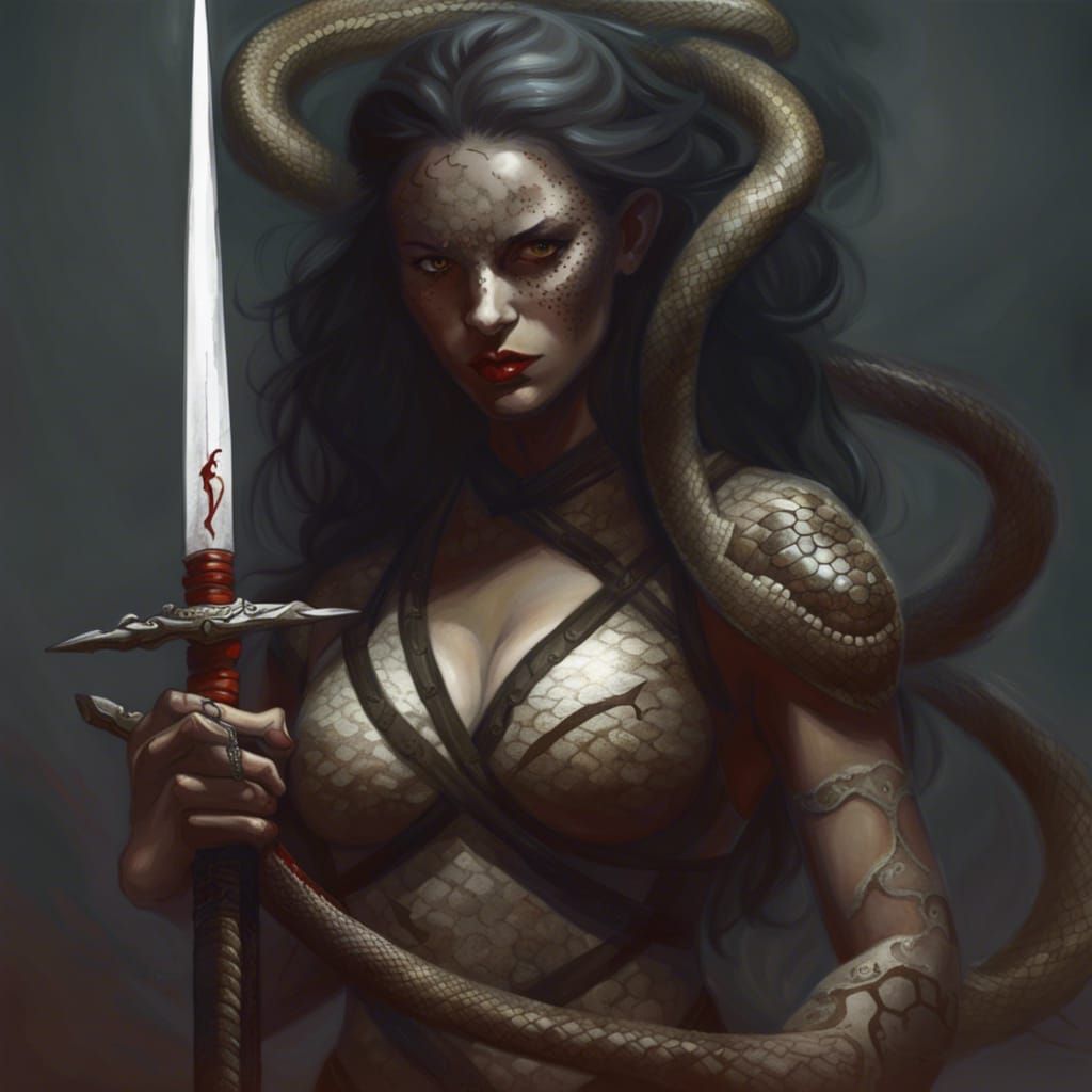 Sinister Snake Woman Warrior with Swords