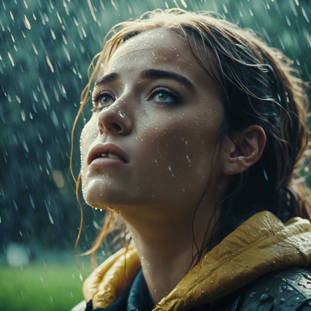 Girl Relieved as Rain Falls on Summer Day