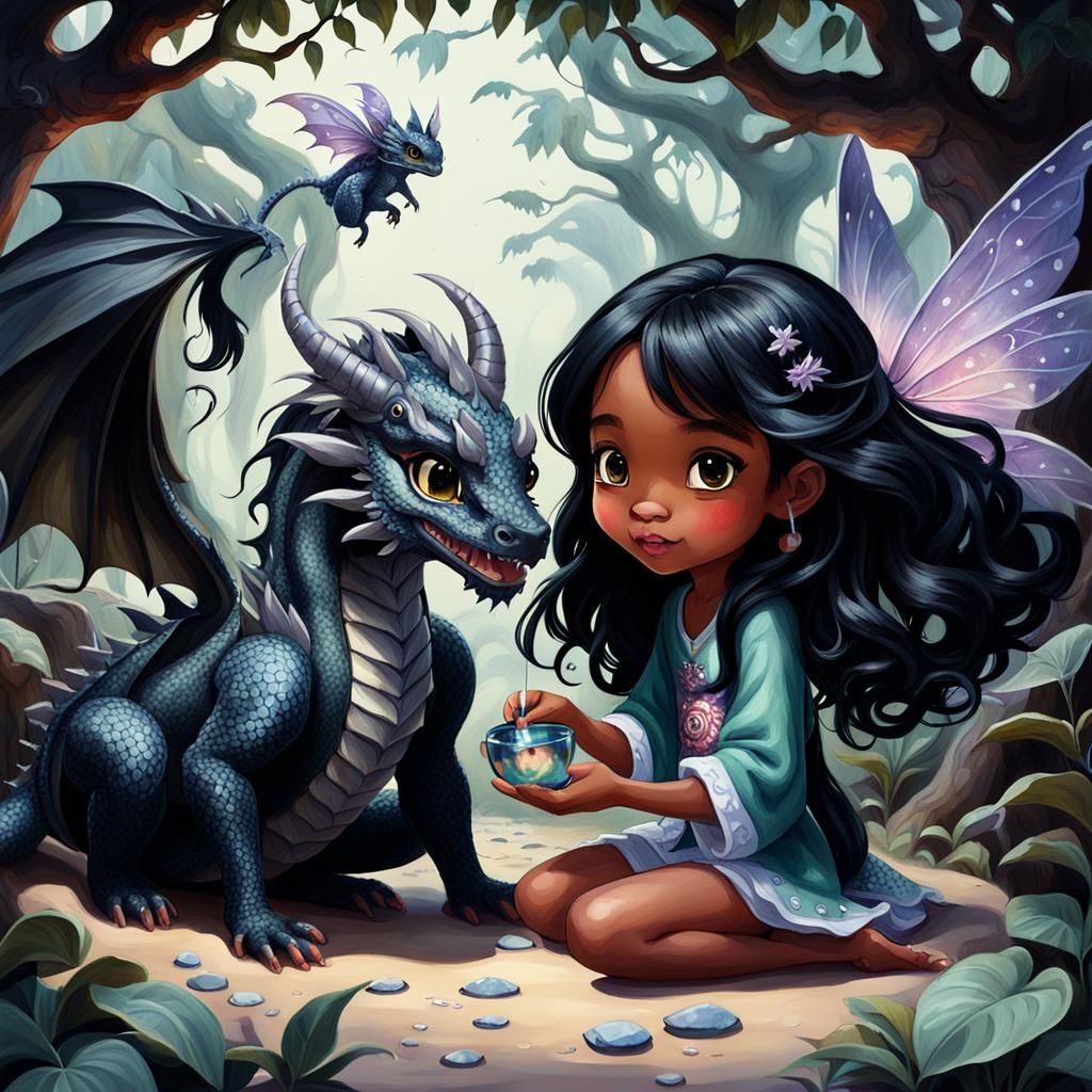 Girl and Dragon Fairy in Gouache Style