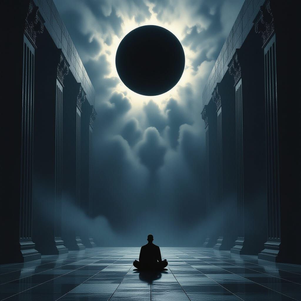 Meditator Beneath Black Sun in Shadowed Temple