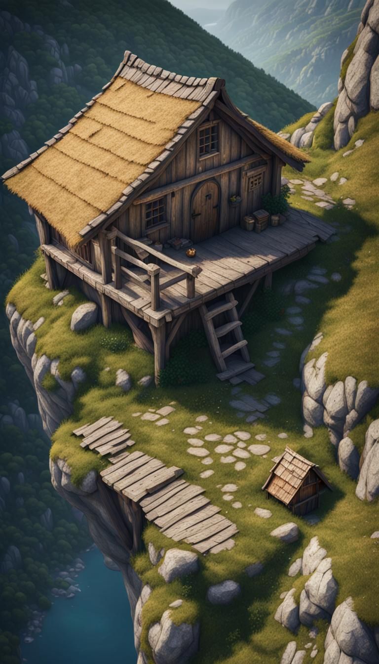 Medieval Cabin on Mountain Cliff: Hyperrealistic Comic Art