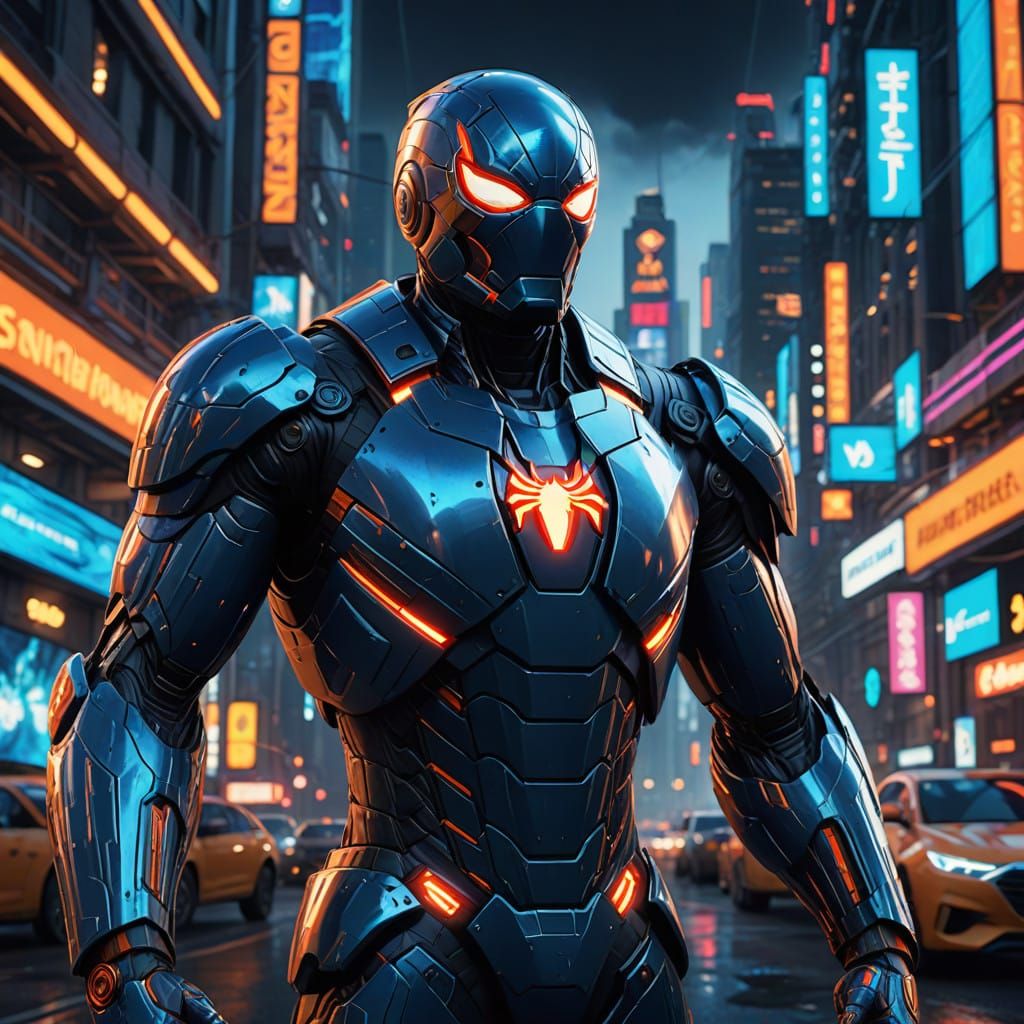 Tony Stark as Spider-Man in Futuristic Metropolis