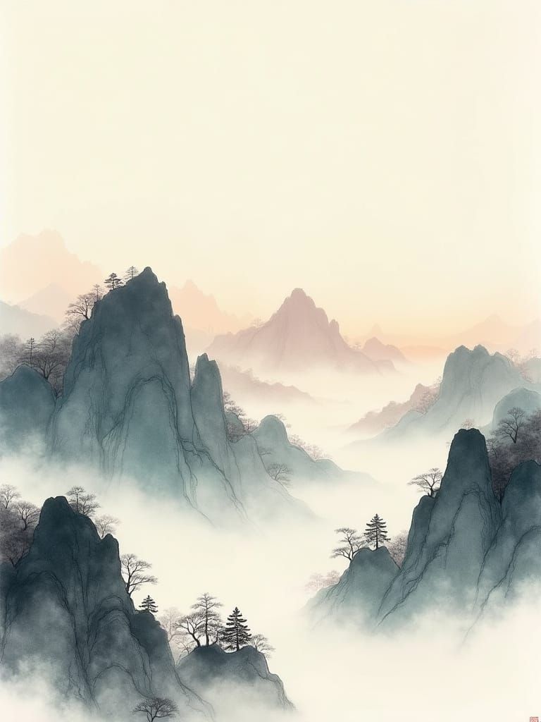 Serene Chinese-Inspired Mountain Landscape in Delicate Ink a...