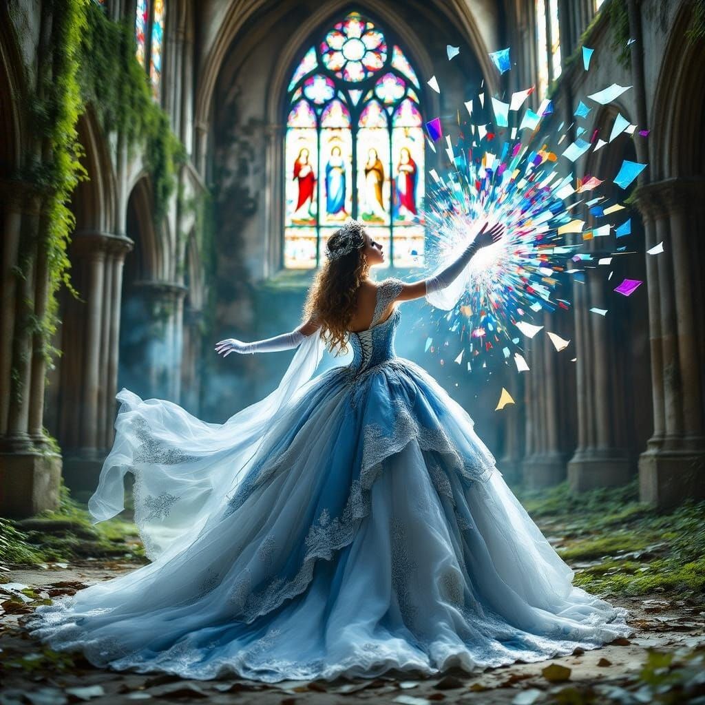 Surrealist Enchantress in Majestic Ballgown Amidst Shattered...