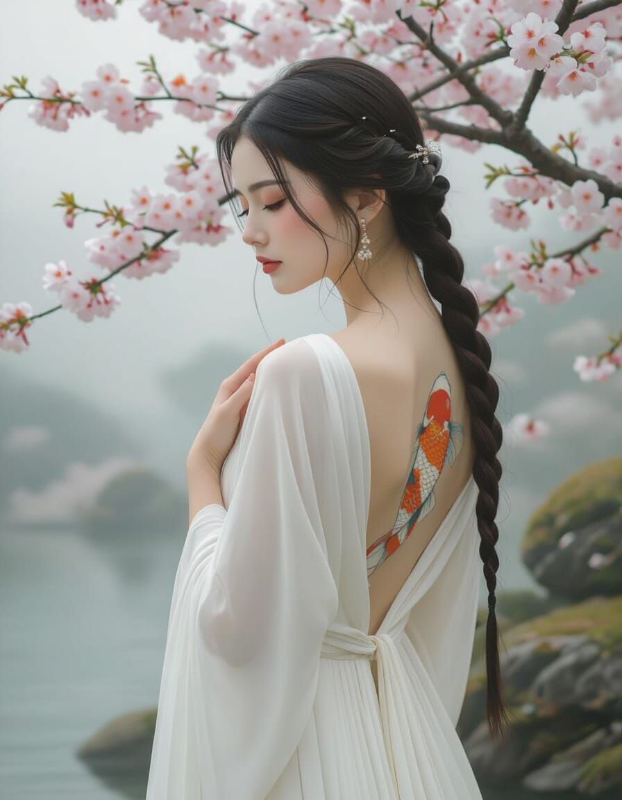 Serene Woman with Koi Tattoo in Misty Landscape
