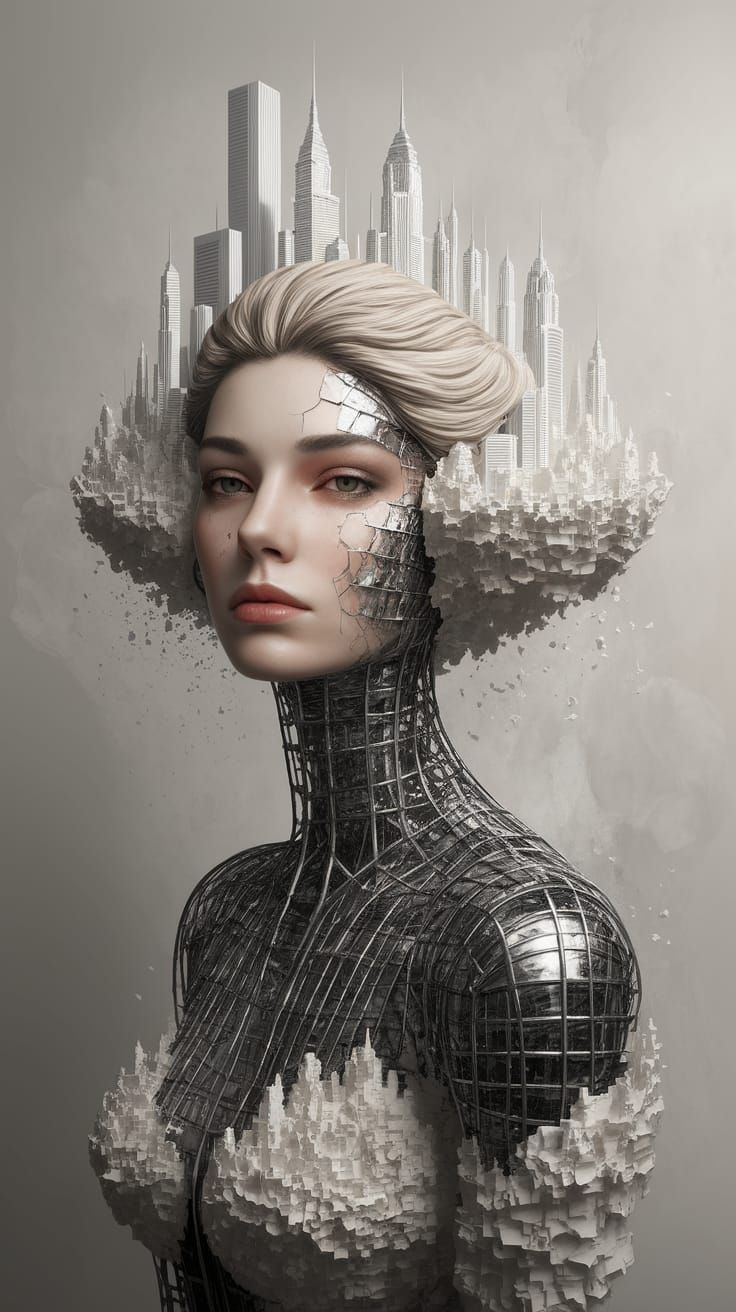 Hyper-Realistic Portrait of a Woman with Paper Skyscrapers