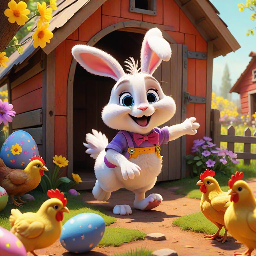 Pixar-Style Easter Bunny Emerges from Whimsical Chicken Coop