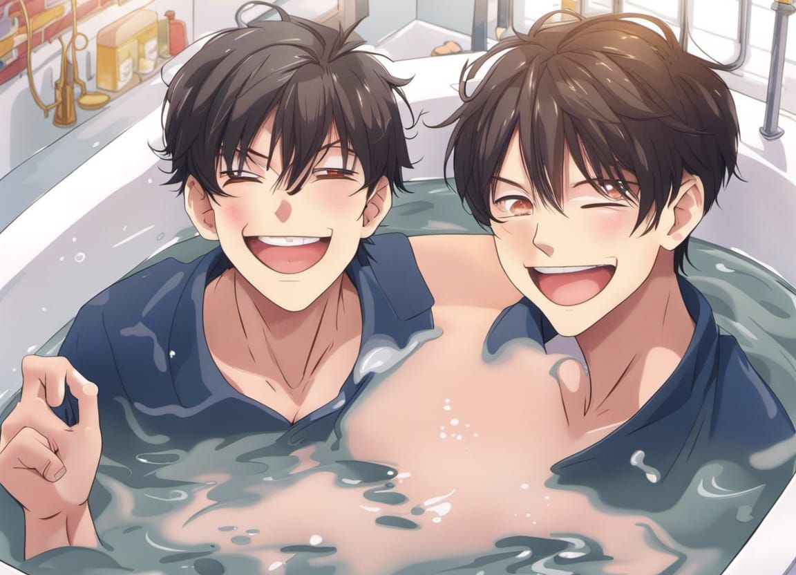 Two Men Playfully Smiling in Bathtub: Anime Style