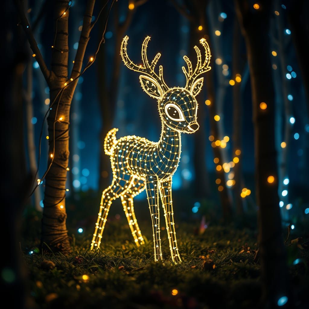 Bambi Made of Glowing LED Lights in Whimsical Forest