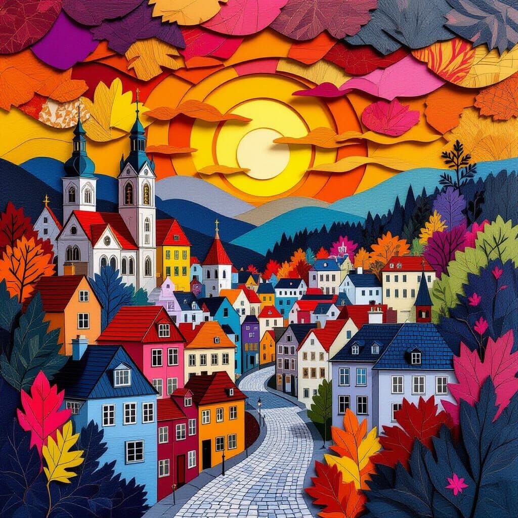 Colorful Autumn Cityscape Sunset in Paper Cut Style