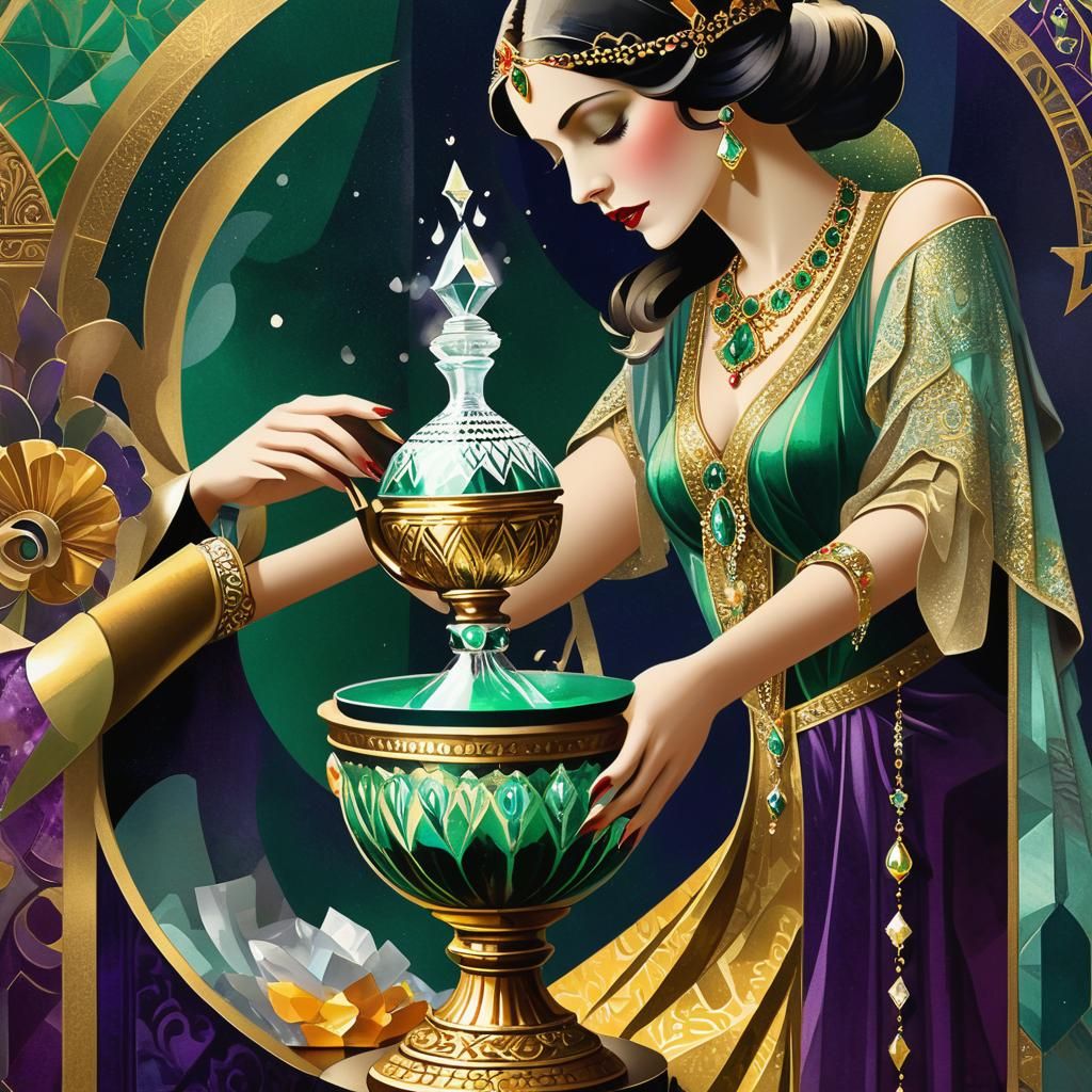 Art Deco Priestess Pouring Glittering Potion