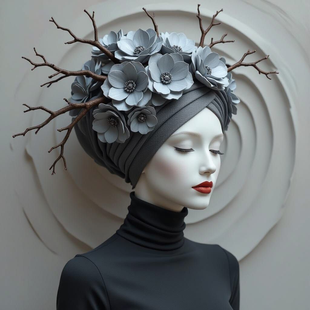 Faceless Woman with Floral Turban in Naive Art Style