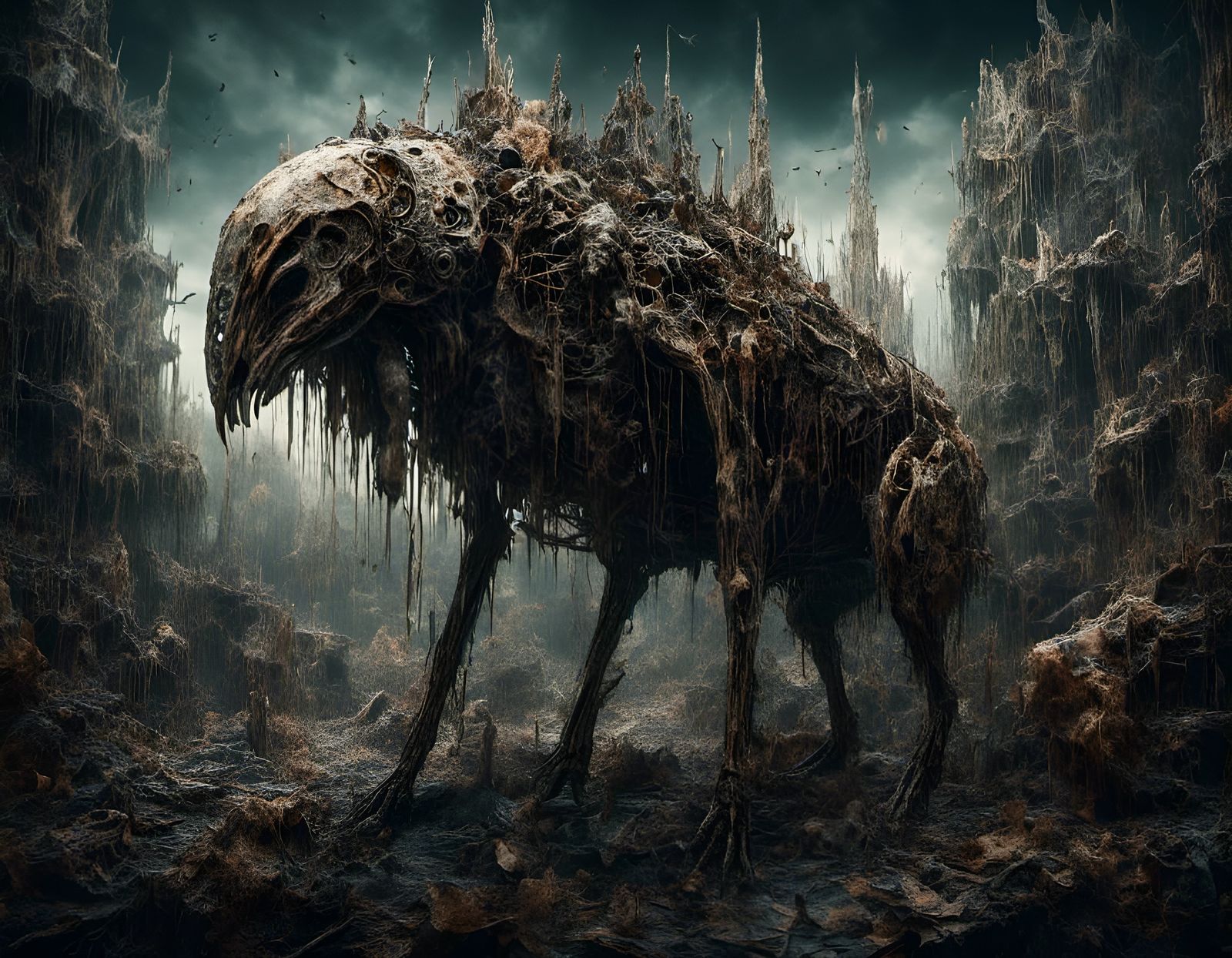 Perfect camouflage: A dark and swampy place with weird scary...