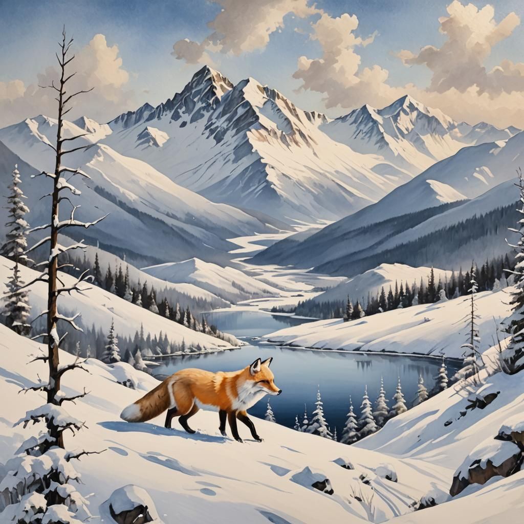 Snowy Mountains Scene with Snow Fox