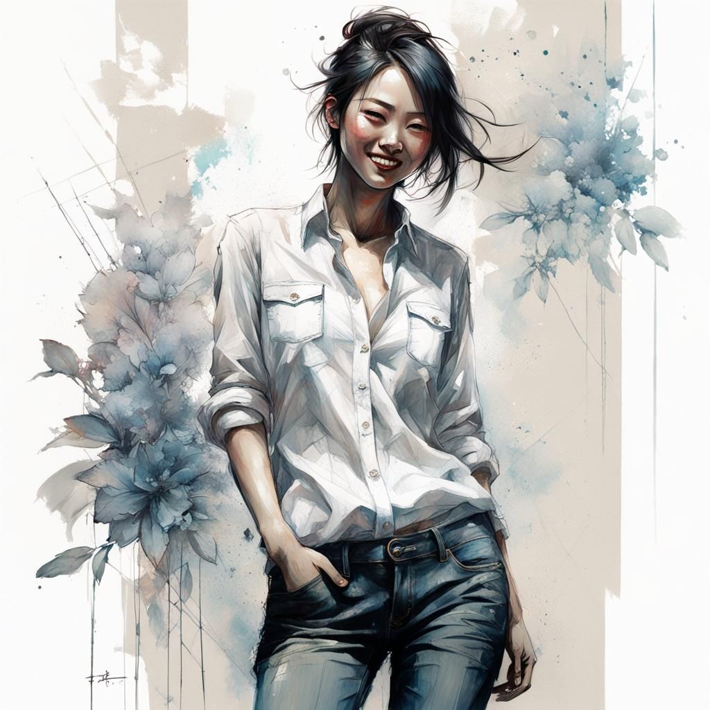 Detailed Illustration of Smiling Girl in Line Art Style