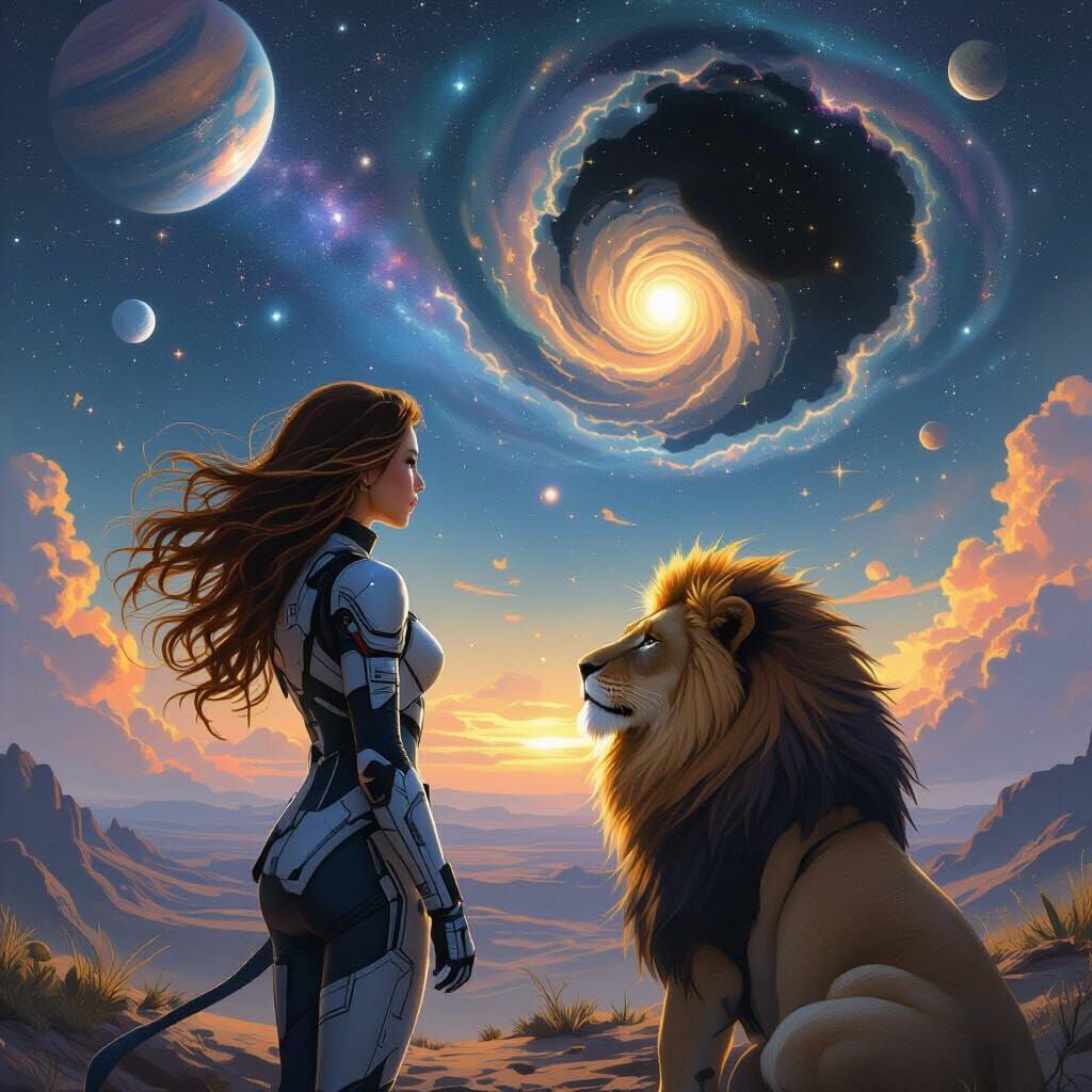 Space Warrior and Lion Gaze into the Universe