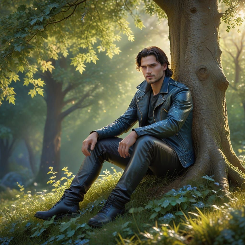 Biker Resting in Golden Hour Woodland