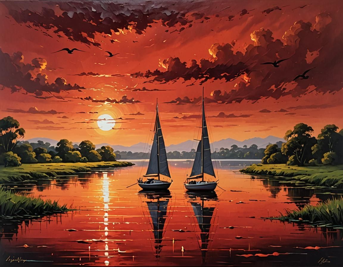 Sailboat on River at Dawn in Oil Painting Style