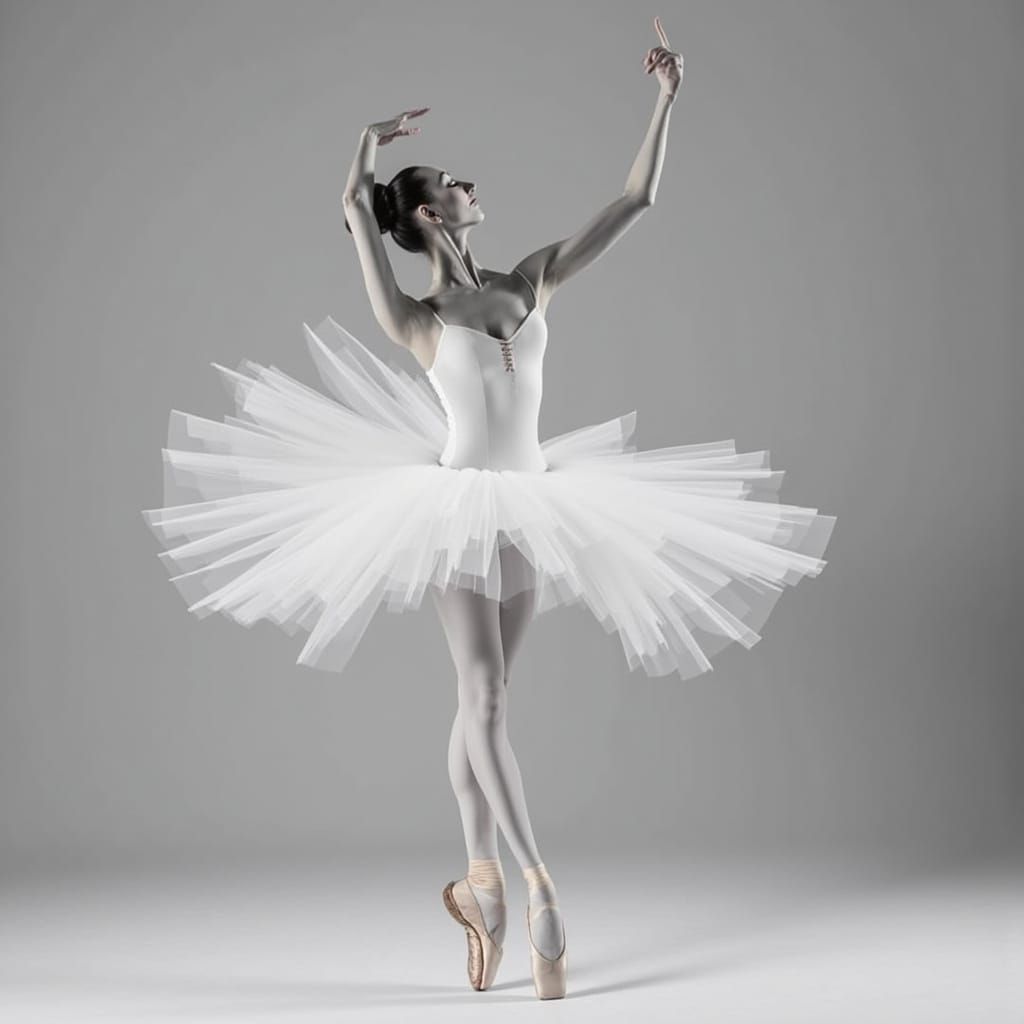 A ballet dancer, with a slender build, is captured in a grac...