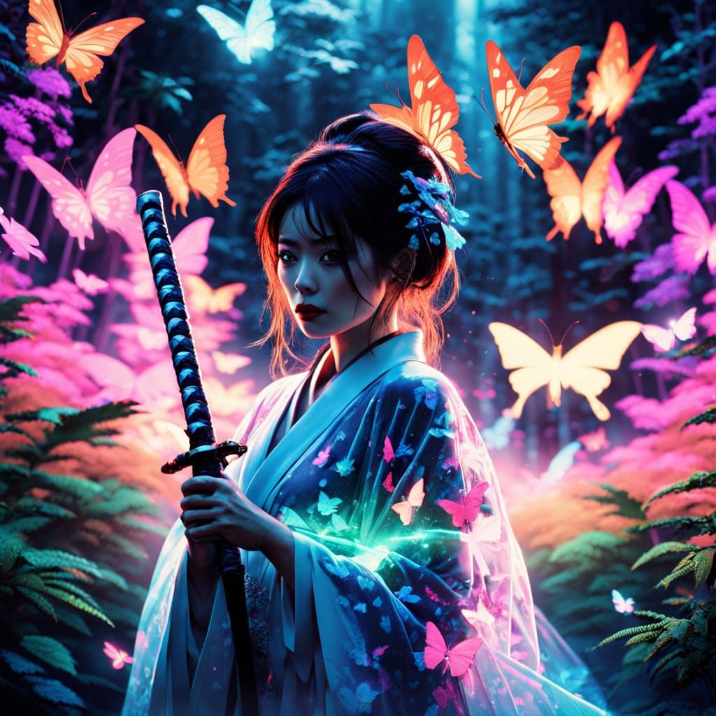 Kimono Katana Woman in Bioluminescent Forest, Kurosawa Style