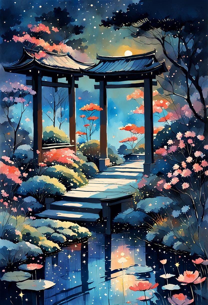 Luminous Sunset over Japanese Garden in Gouache Style