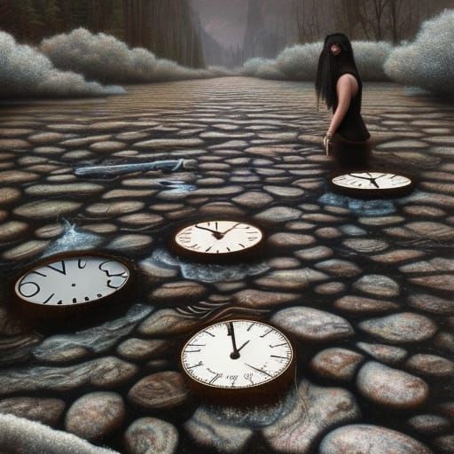 Surreal Clocks Flowing Down a River