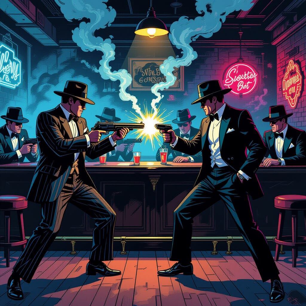 Gang Rivalry in a Cyberpunk Comic Book Style