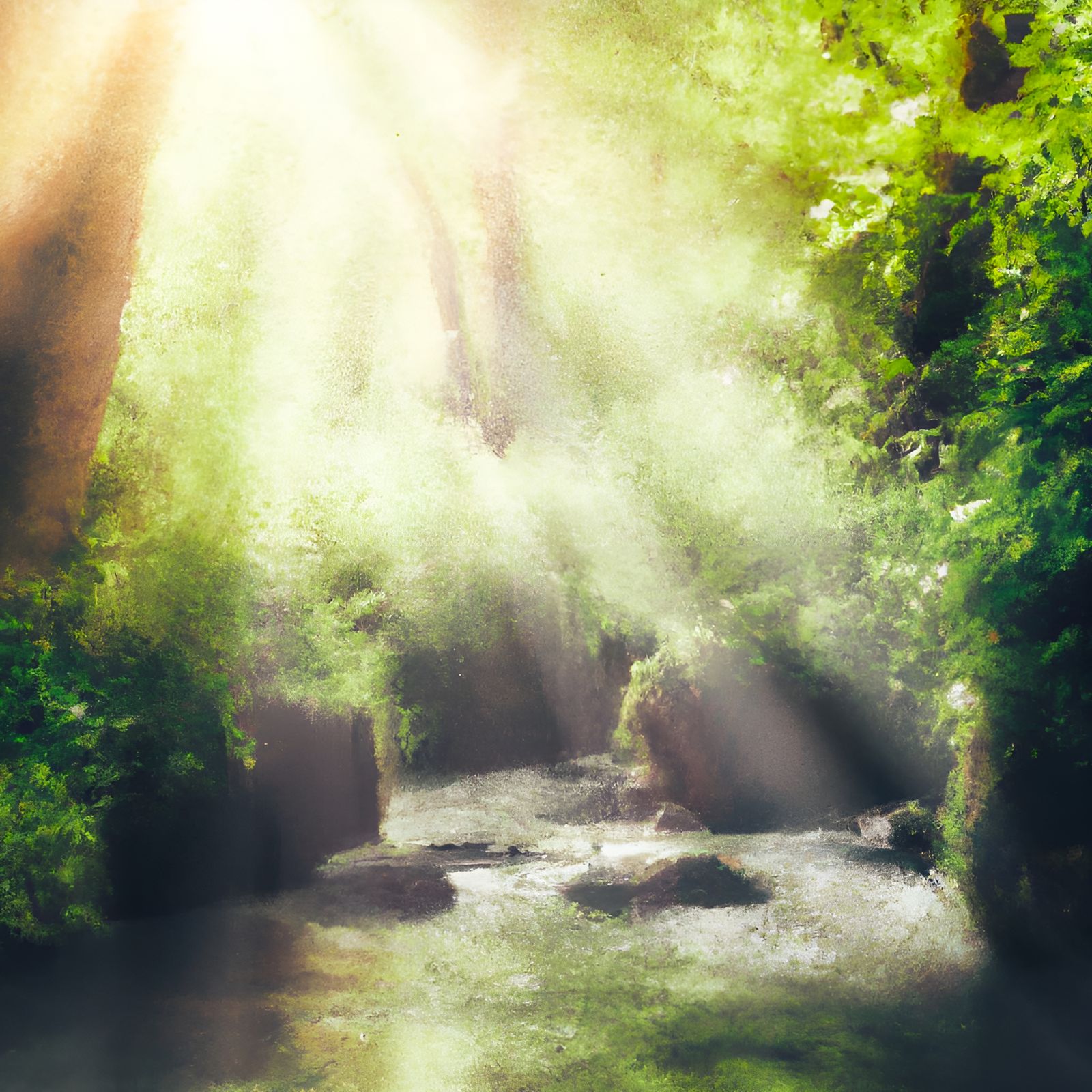 Sunlit Forest River: Detailed Digital Matte Painting