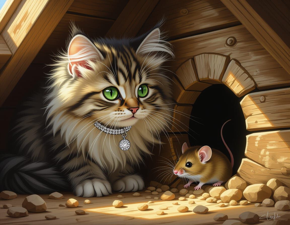 Fluffy Cat Spies Mouse in Dusty Attic