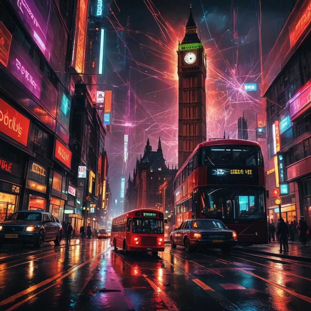 🌆 Dive into a neon-lit London night, where urban chaos meets raw punk energy. Big Ben and Double-decker Buses.