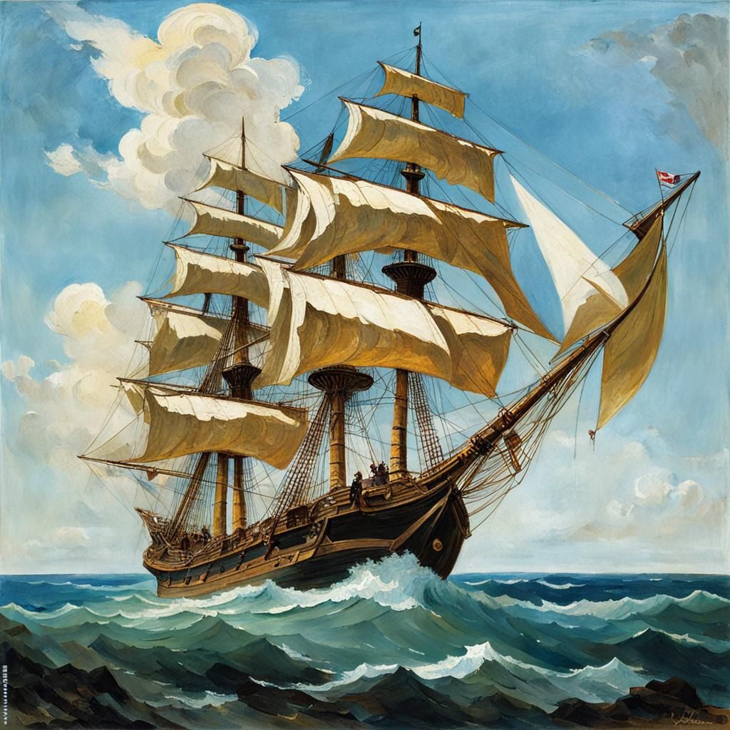 Pirate Ship on Calm Seas as Impressionist Painting