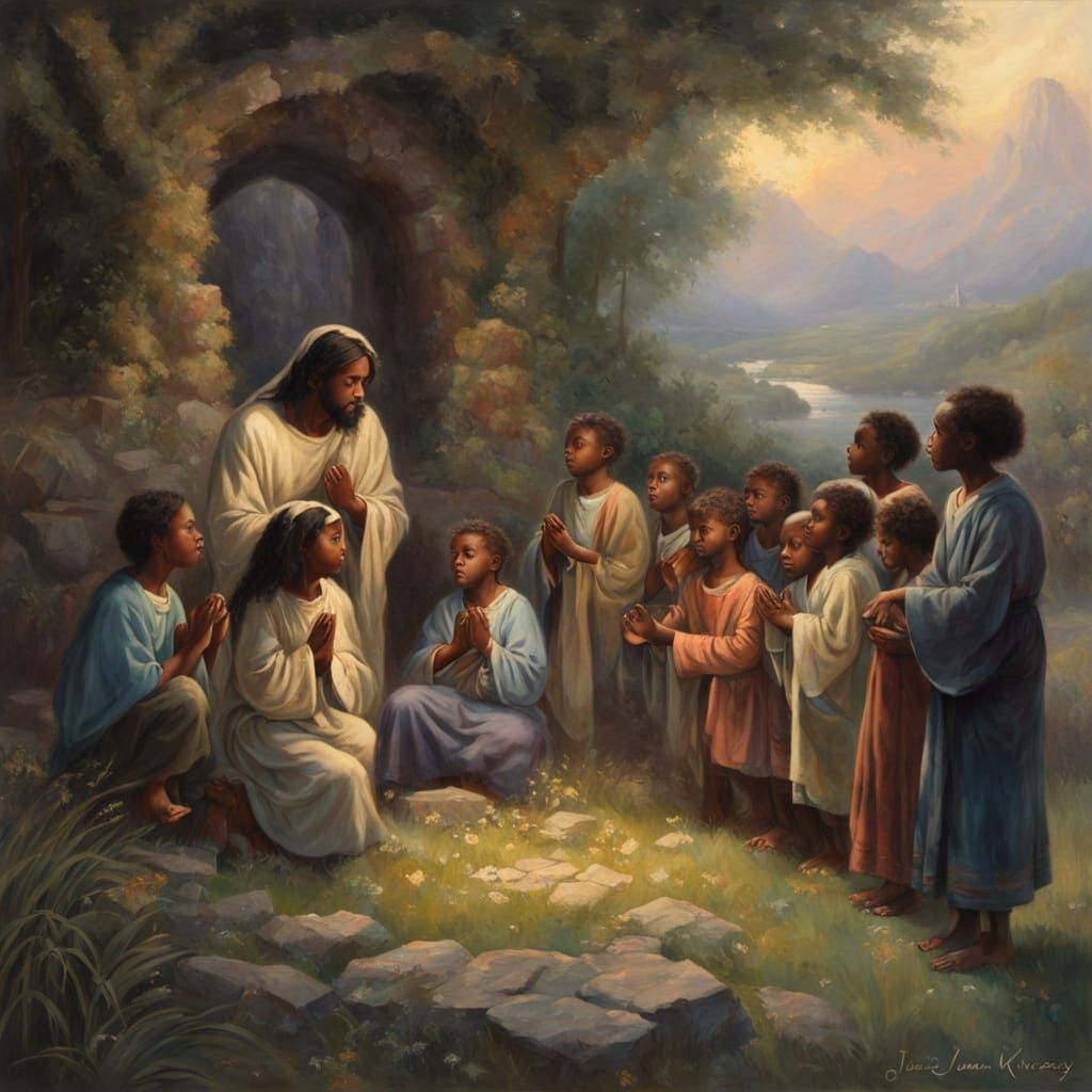 Biblical Scene: Black Jesus with Praying Children
