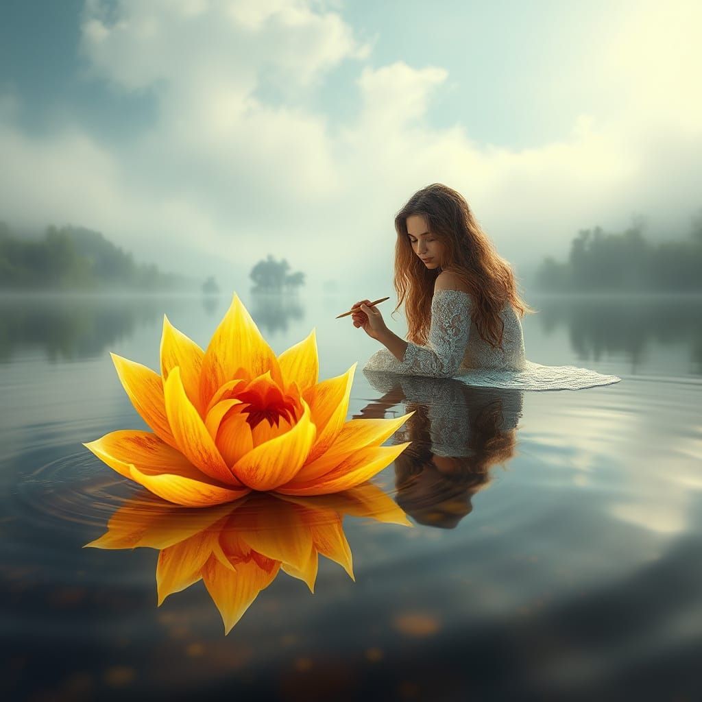 The technique of drawing on water is a fantasy fractal flower of yellow, orange, red, Edru style