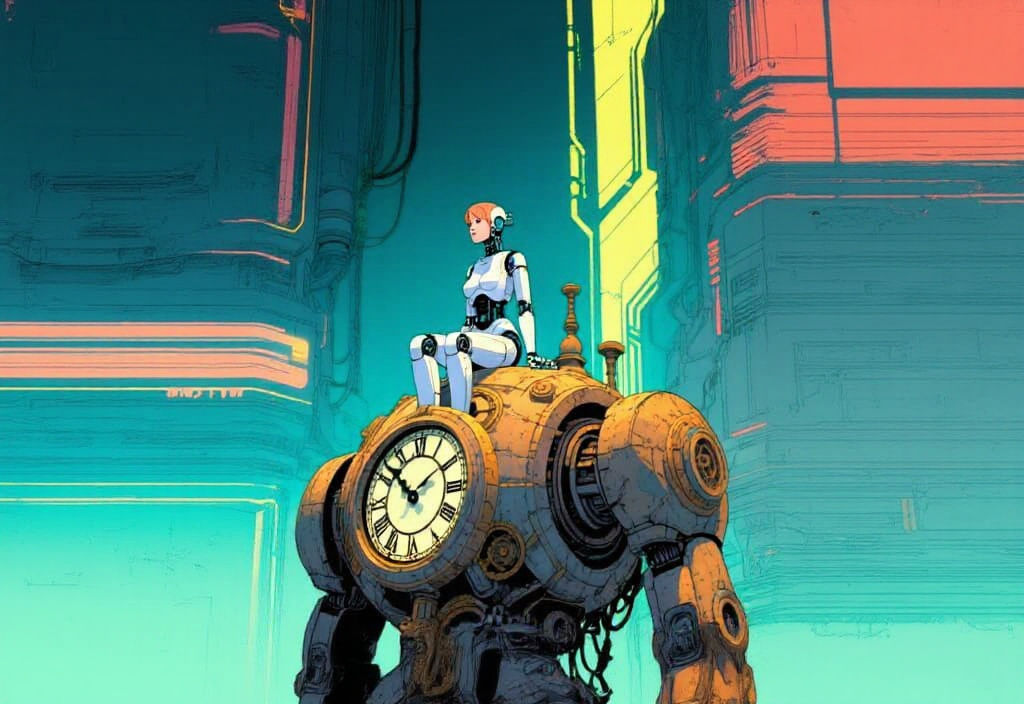 Female Robot on Ancient Clockwork Automaton in Moebius Style