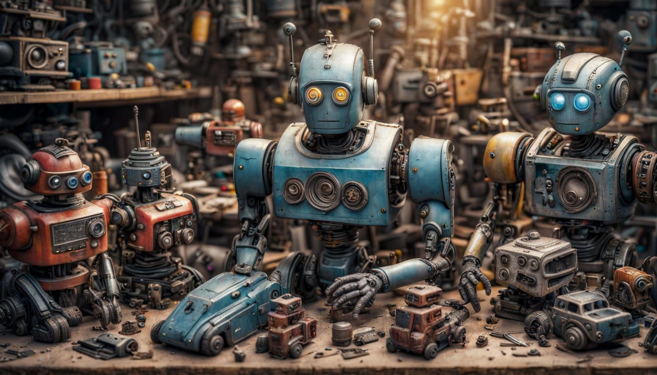 Robot Toys Disassembled On Workshop Bench