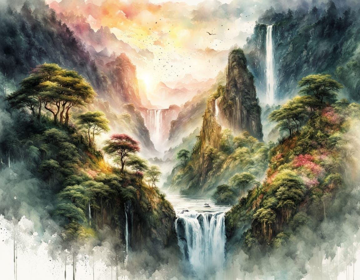Lush Rainforest Summerscape at Sunrise, Watercolor Style