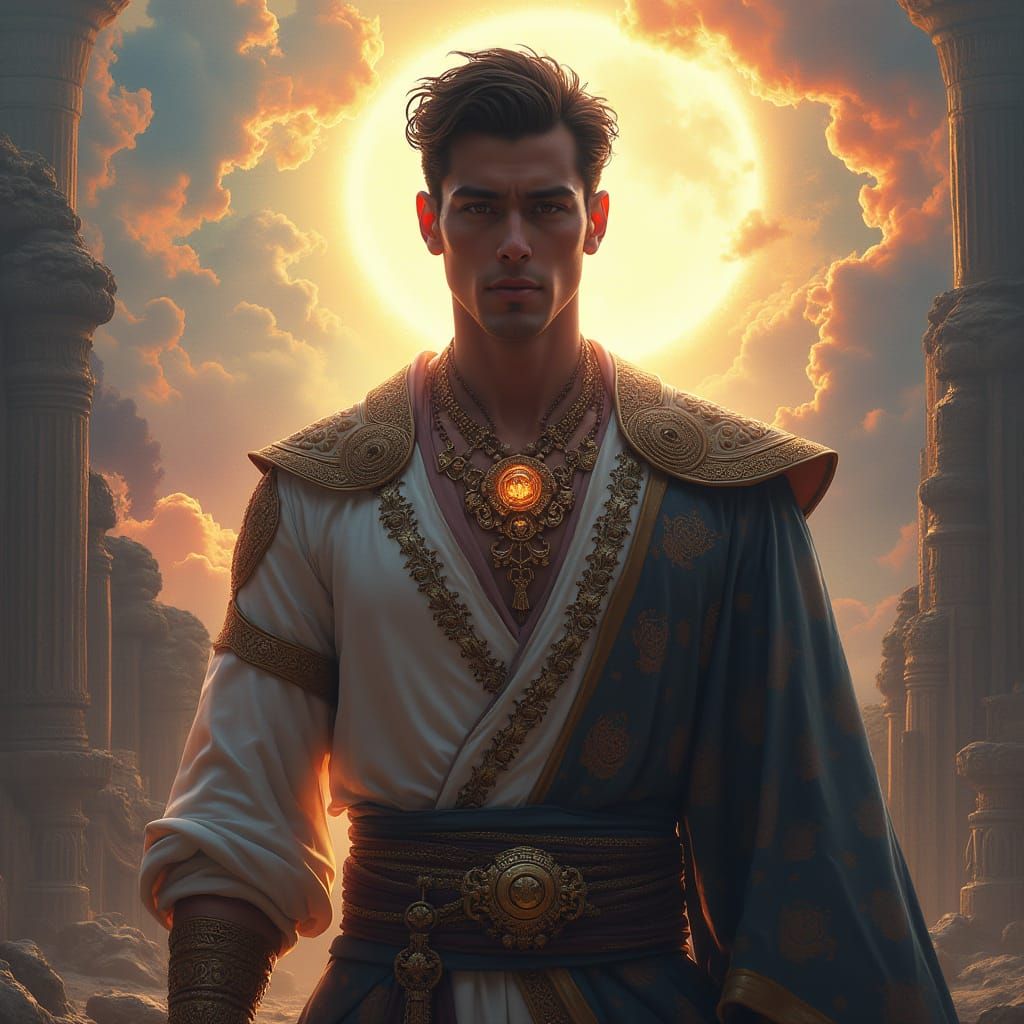 Mystical Hero in Whimsical Realism Style