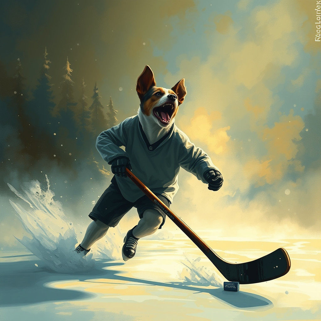 A jack russell terrier playing ice hockey