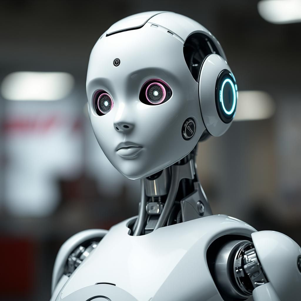 full length Image of a female white robot with kind, gentle ...