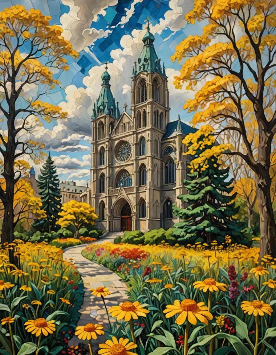 Impressionistic Cathedral with Sneezeweed Flower