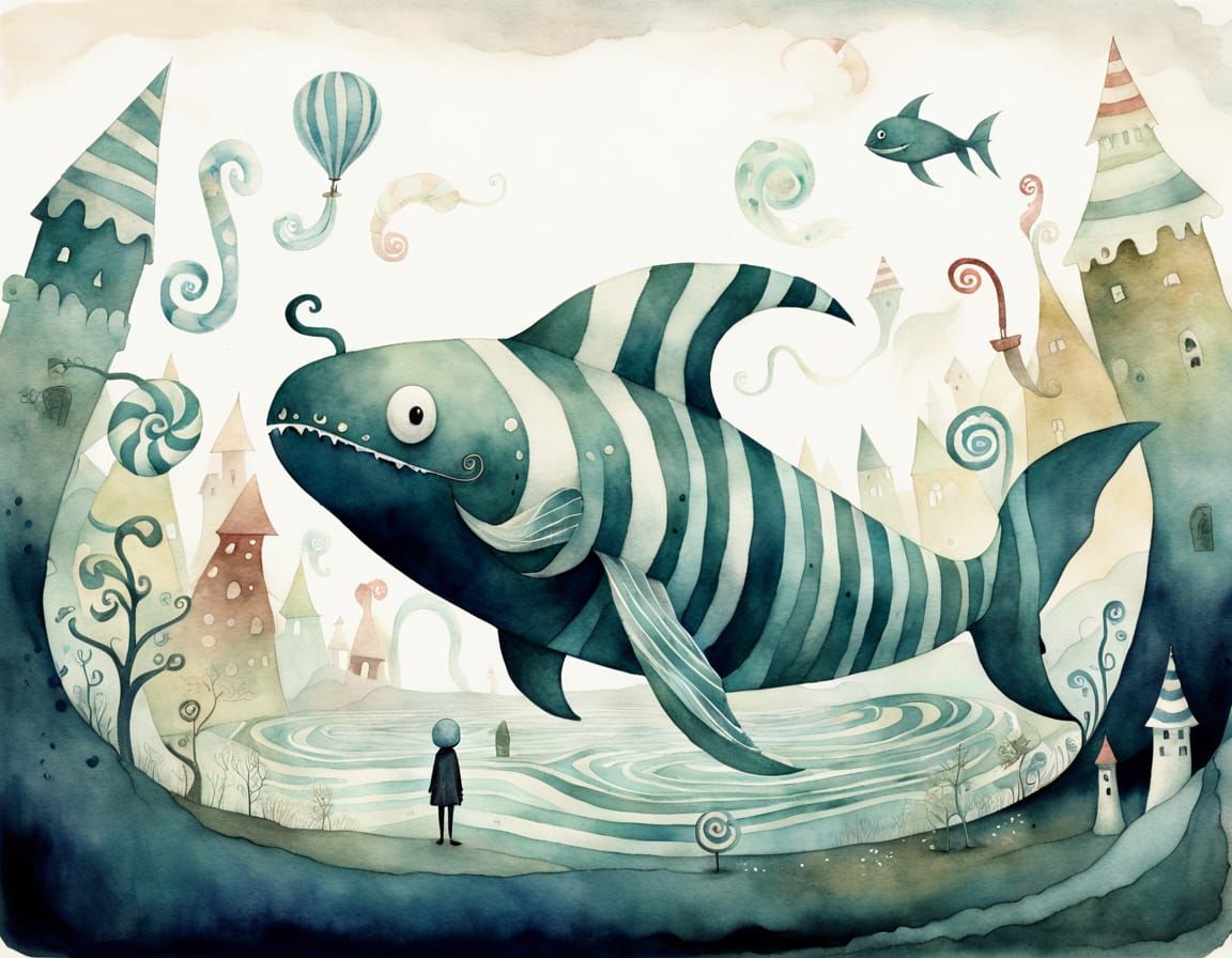 Lonely Peppermint Leviathan in Surreal Watercolor Kingdom