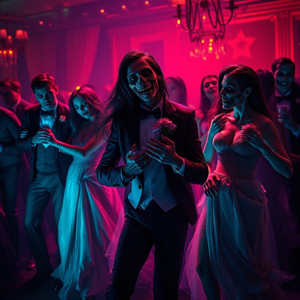 Zombie Prom Night: Undead Dancers in Cinematic Lighting