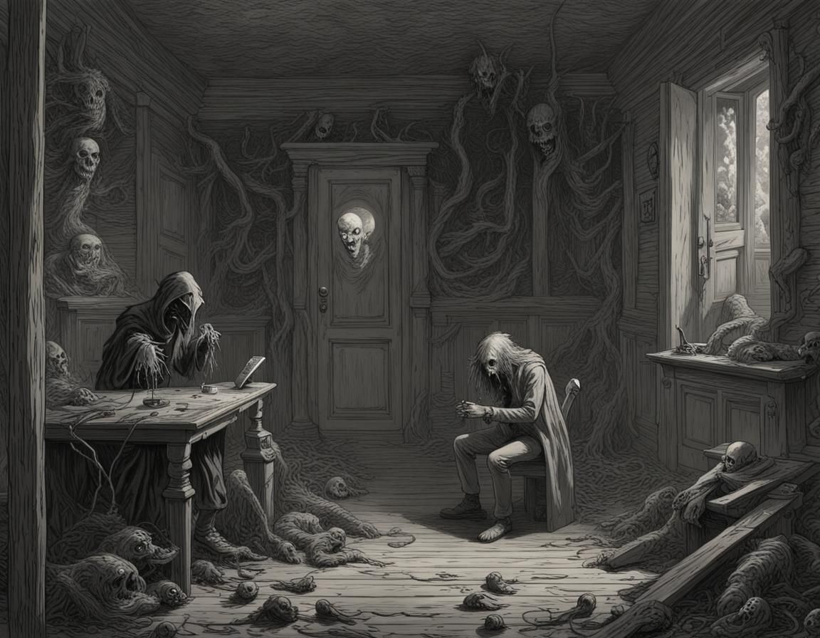 Horror Video Game Scene in Doré Style